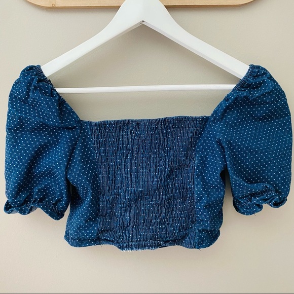 Lulu's Polkadot Denim Crop Top Blue Sz Small - Picture 7 of 7